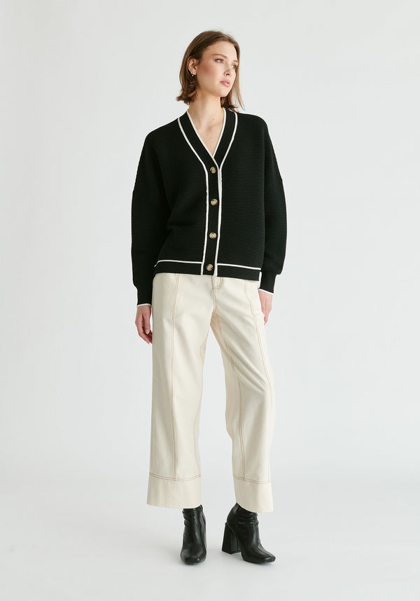 Ribbed Cardigan with Contrast Trim